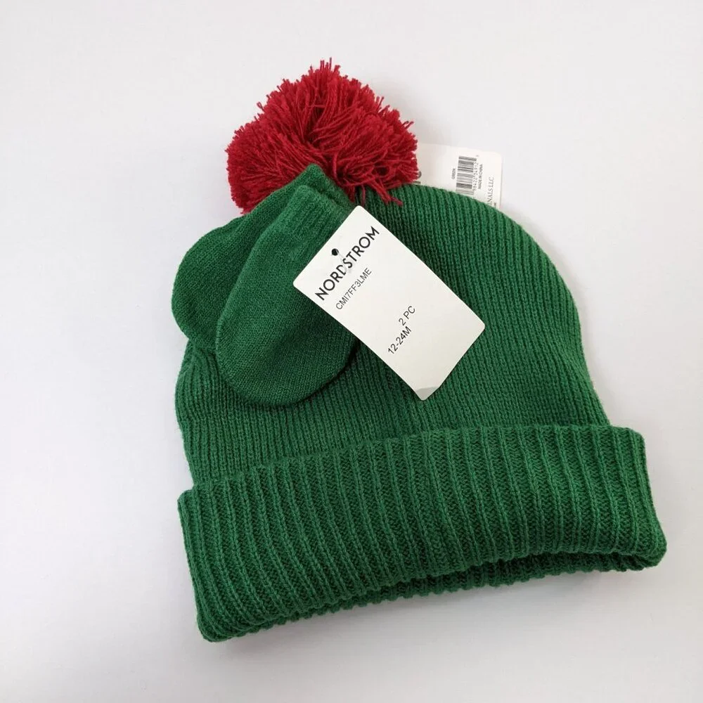 Little Me Reindeer Knit Beanie Hat 12–24M Green Red Pom Christmas Winter Hat